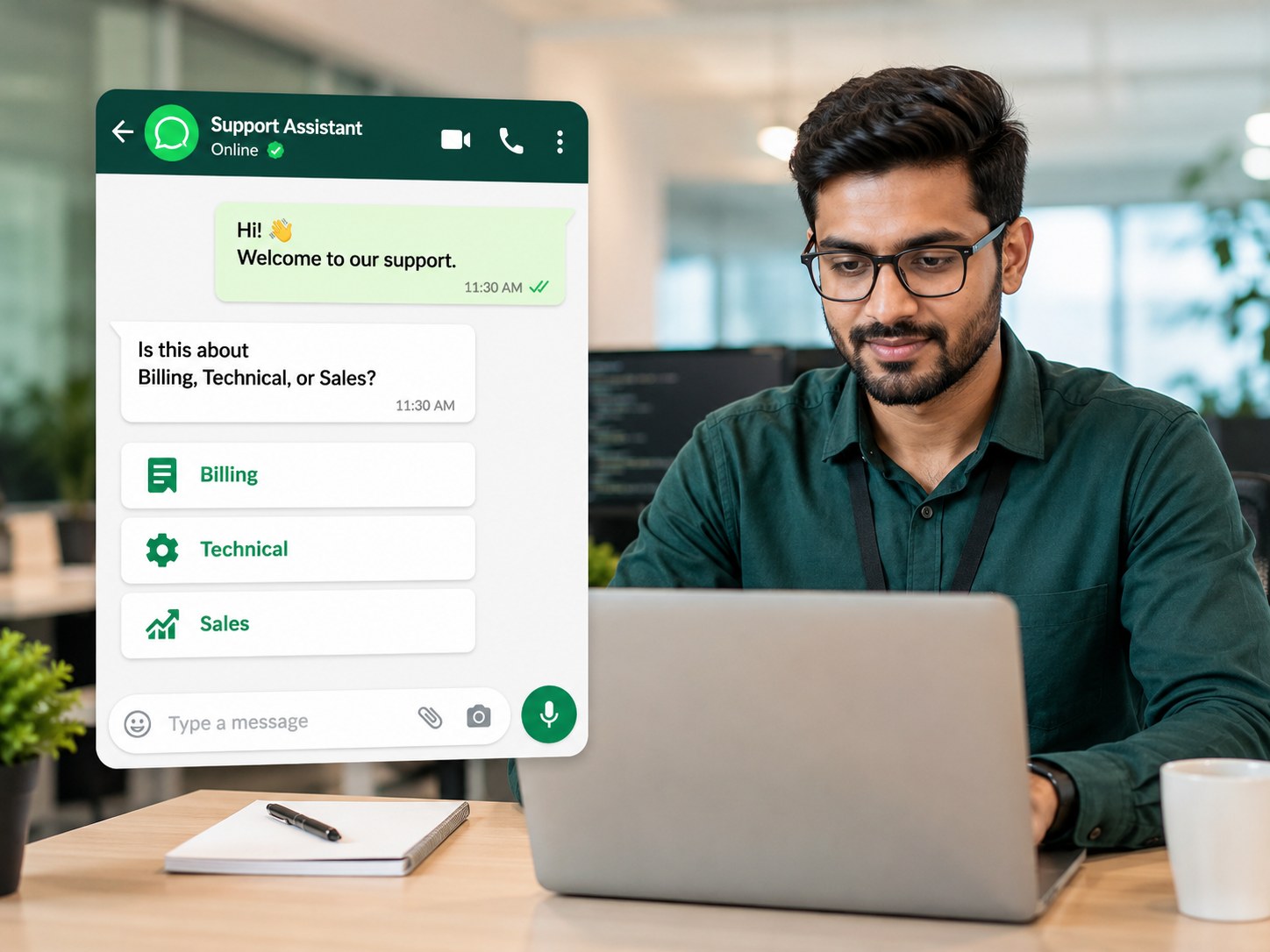 IT support professional using a WhatsApp triage menu for billing, technical and sales enquiries