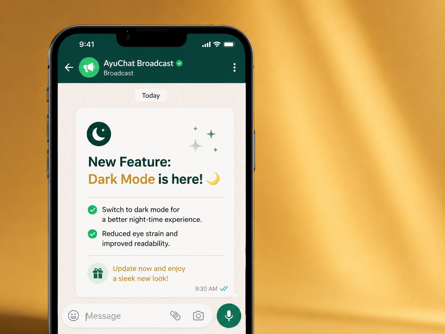 WhatsApp product update broadcast announcing a new dark mode feature
