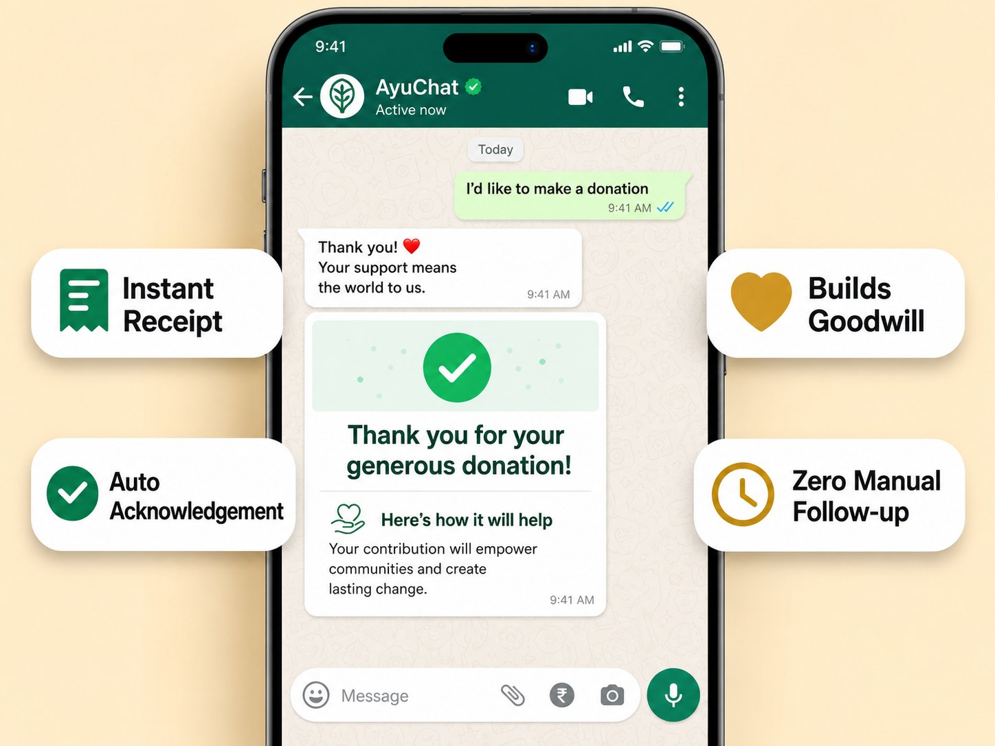 WhatsApp donation receipt for Instant Donor Thank-You Messages