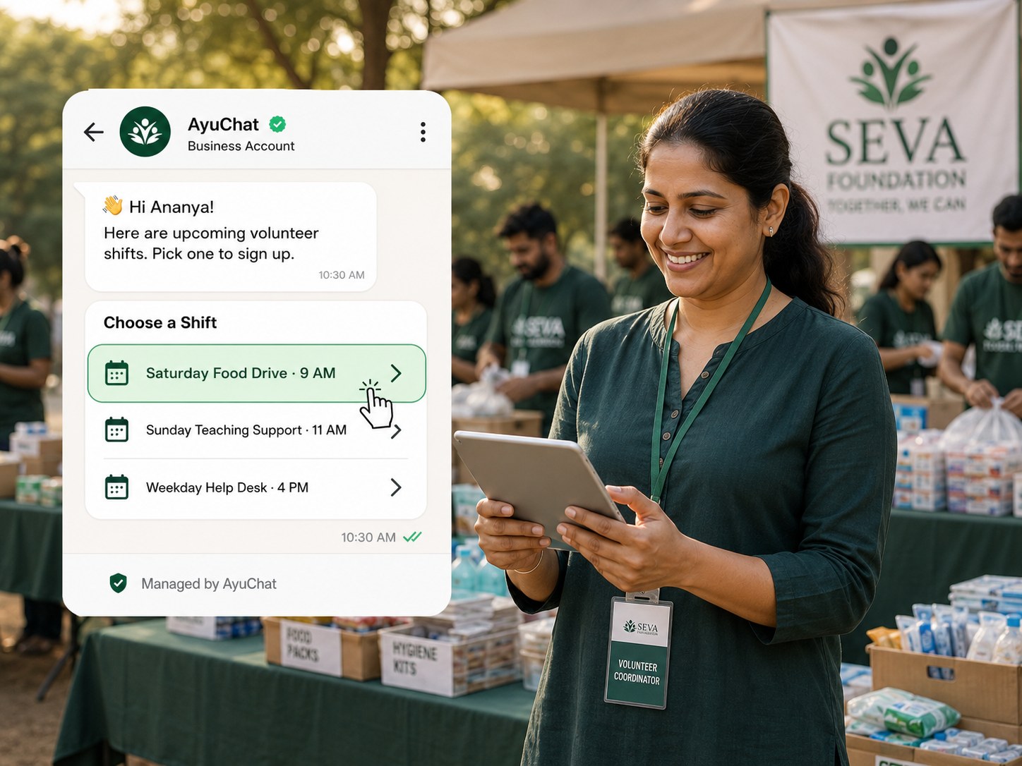 Indian volunteer coordinator selecting shifts in WhatsApp for Volunteer Scheduling Without a Spreadsheet