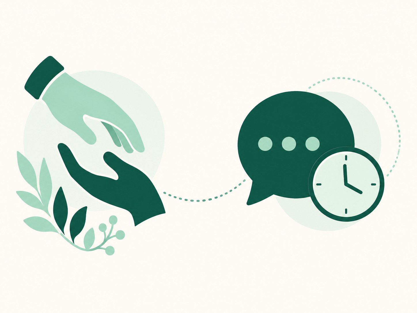 Helping hands linked to a timed chat bubble for 24/7 Community Query Support