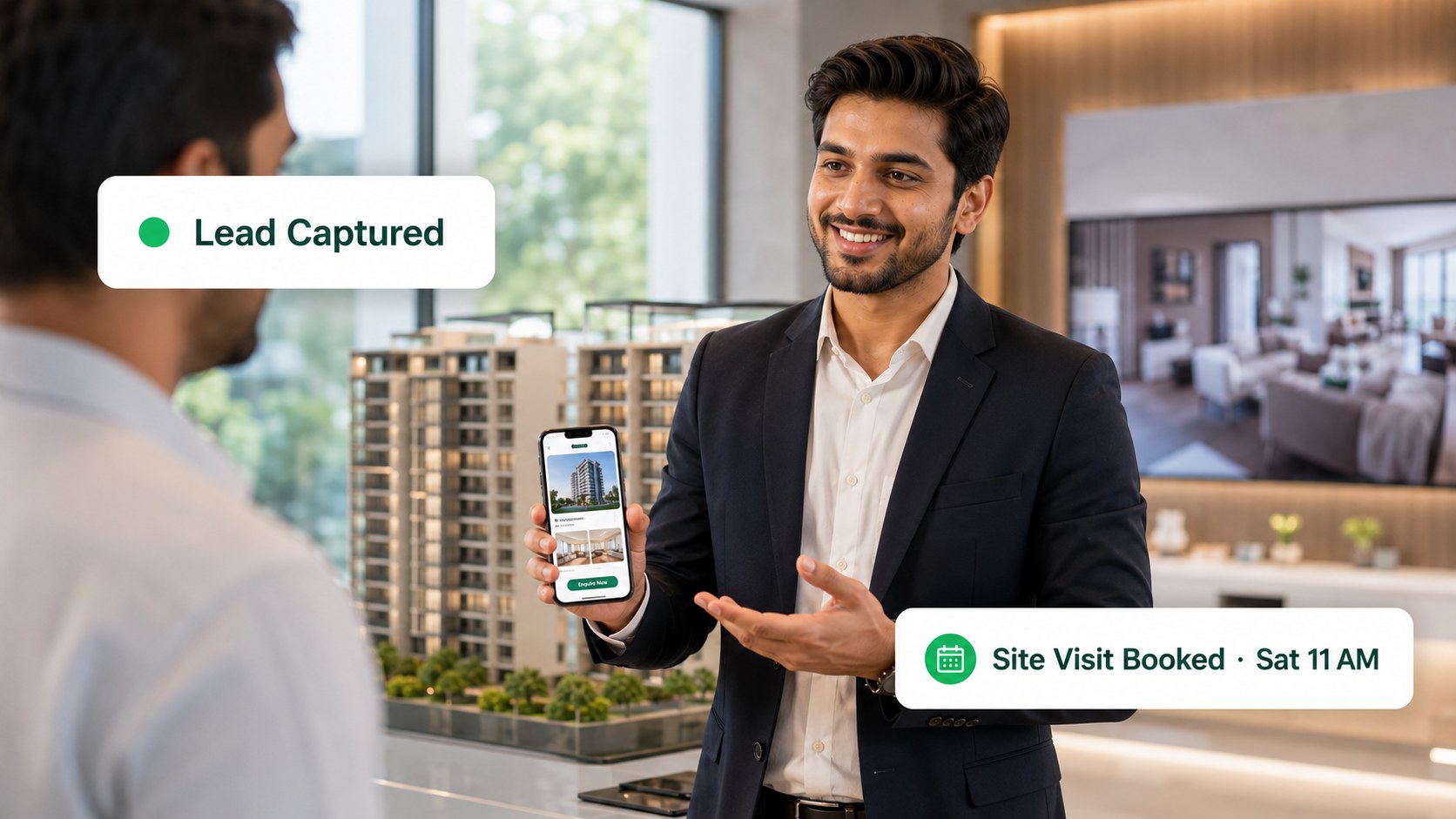 Real estate agent capturing a lead and booking a site visit via AyuChat on WhatsApp