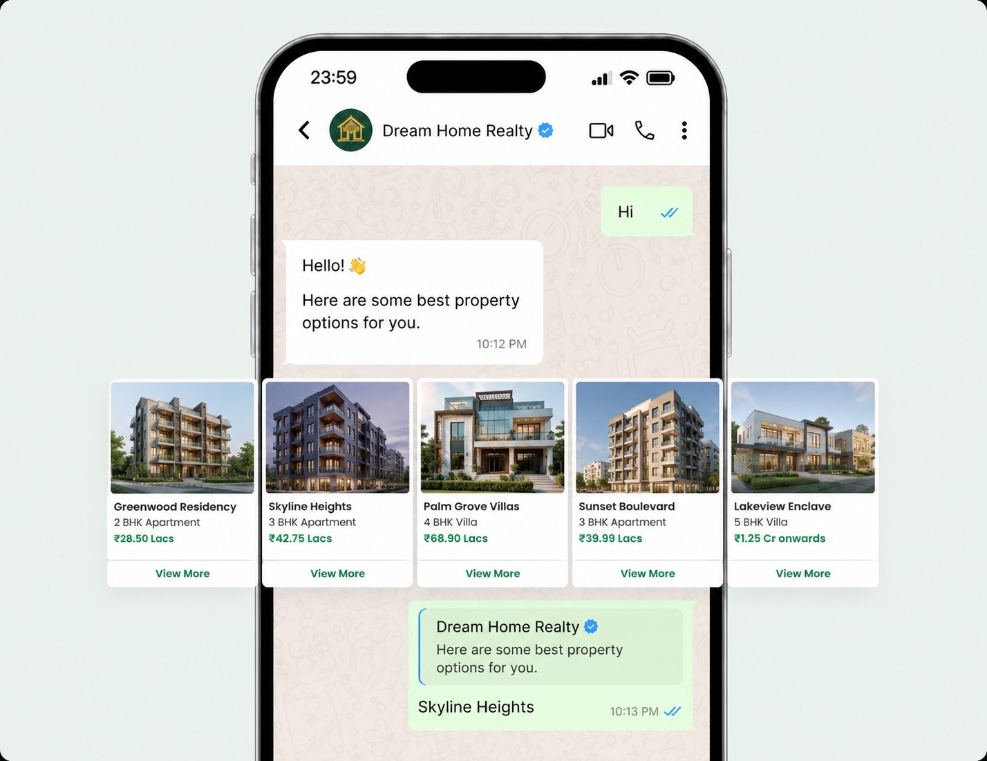 WhatsApp property catalogue showing listings and prices for home buyers