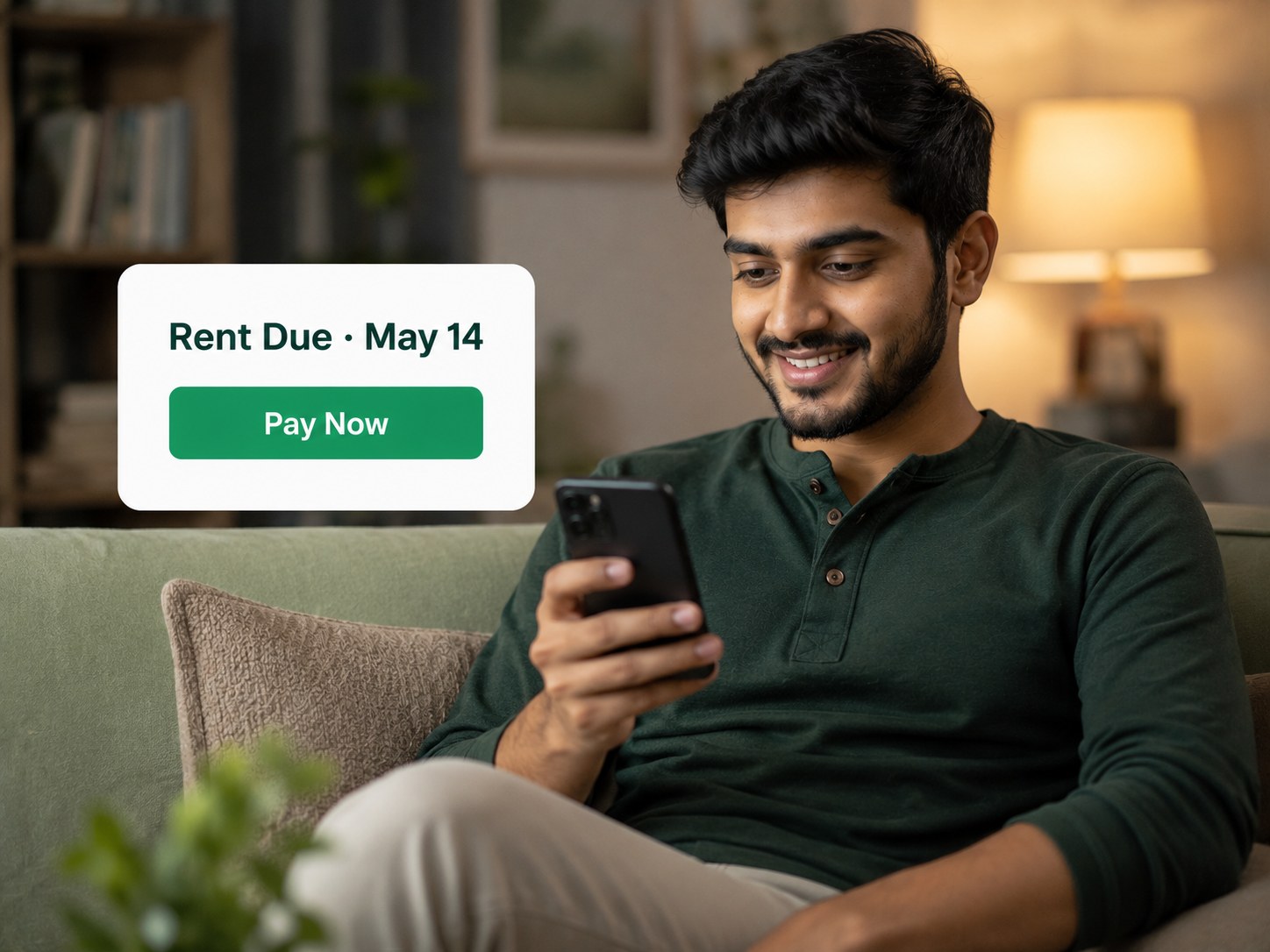 WhatsApp rent payment reminder with a pay now button for tenants