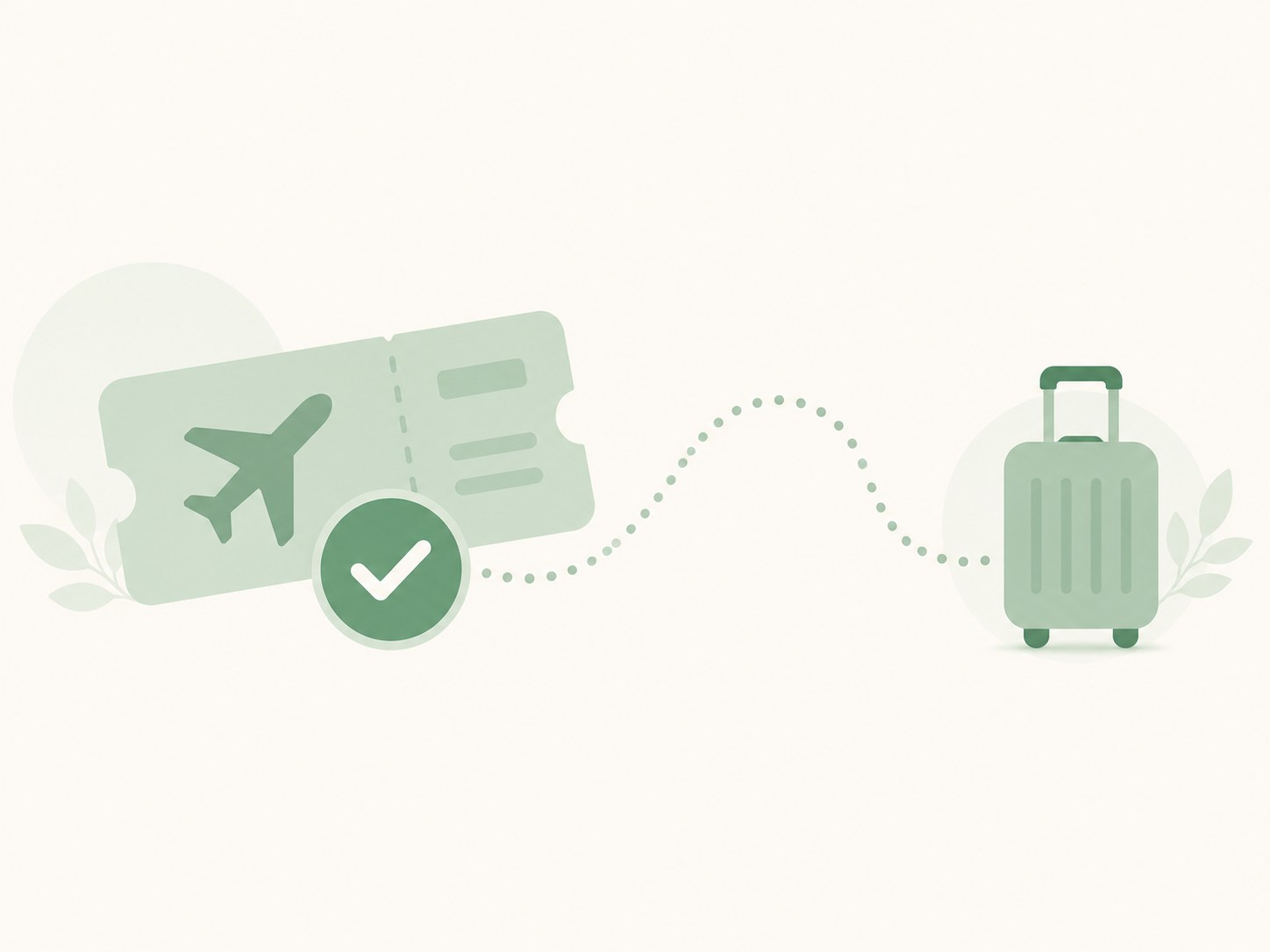 Illustration of a confirmed plane ticket connected to a traveller's suitcase