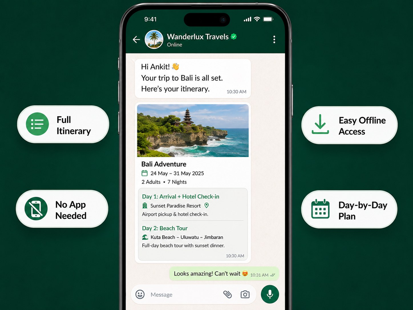 Wanderlux Travels WhatsApp itinerary with day-by-day plans, offline access and no app download