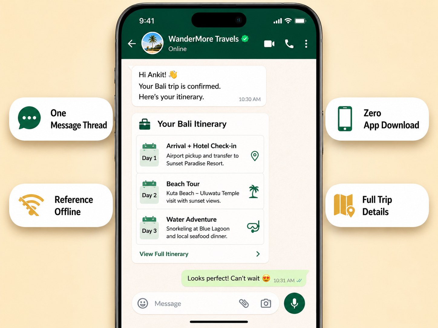WanderMore Travels WhatsApp message showing a complete three-day Bali itinerary