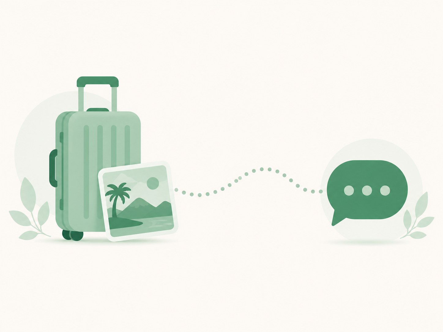 Illustration of a travel enquiry connecting a suitcase and destination preview to WhatsApp