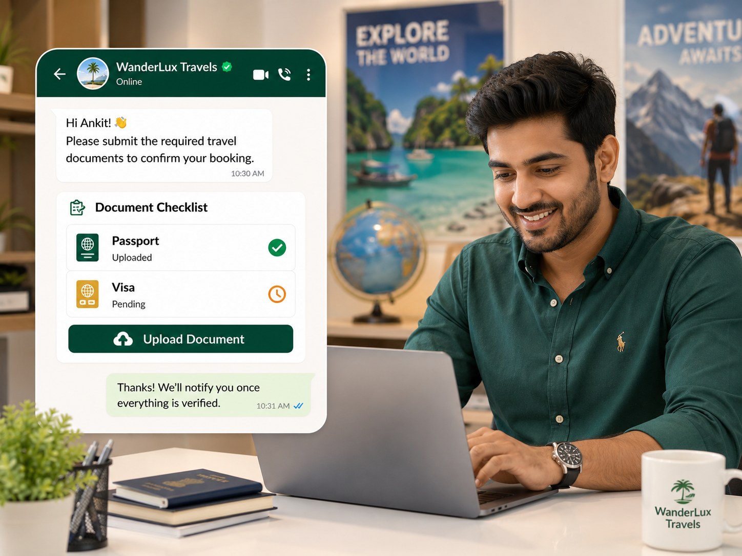 Indian travel professional managing a WhatsApp checklist with passport uploaded and visa pending