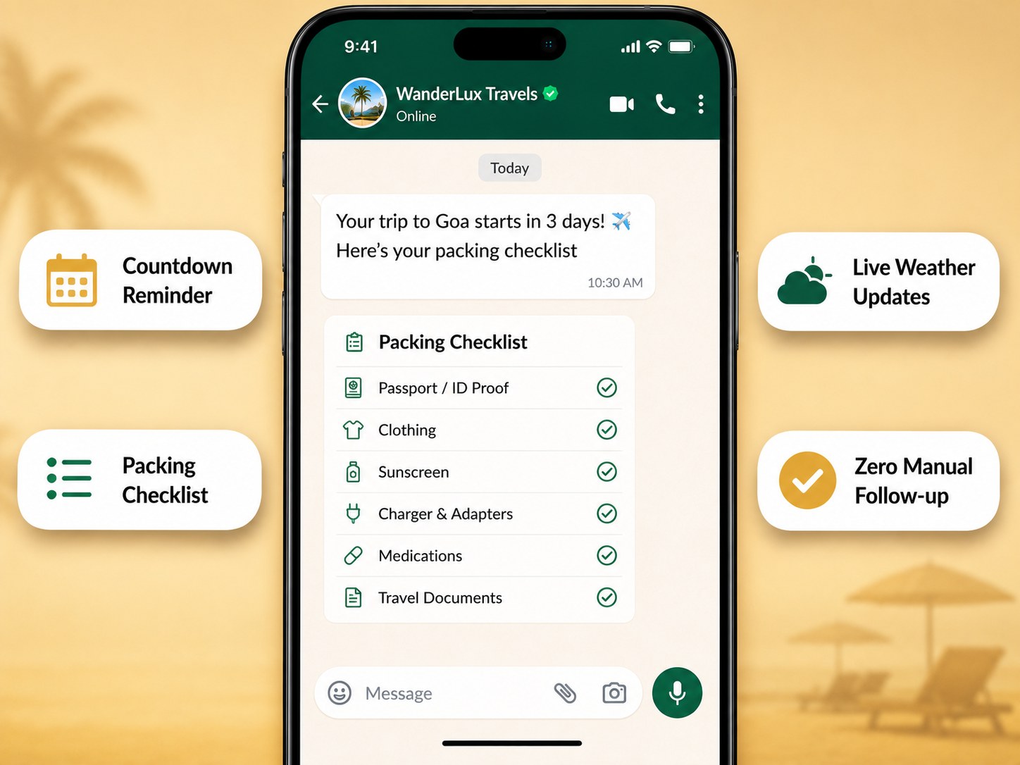 WanderLux Travels WhatsApp countdown reminder with a personalised Goa packing checklist