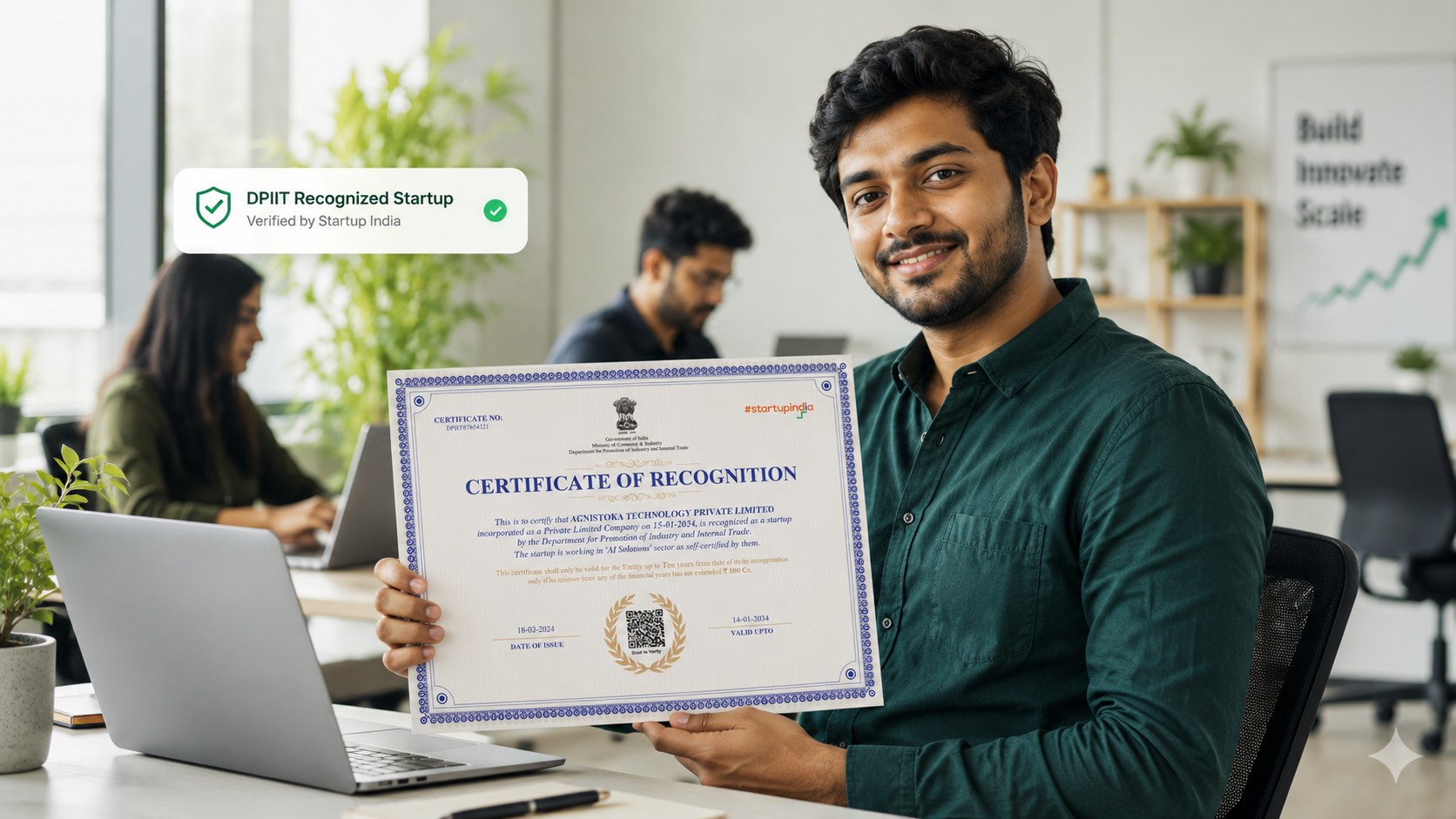 DPIIT-recognized startup founder holding a Certificate of Recognition from Startup India in his office, with a DPIIT Recognized Startup verified badge