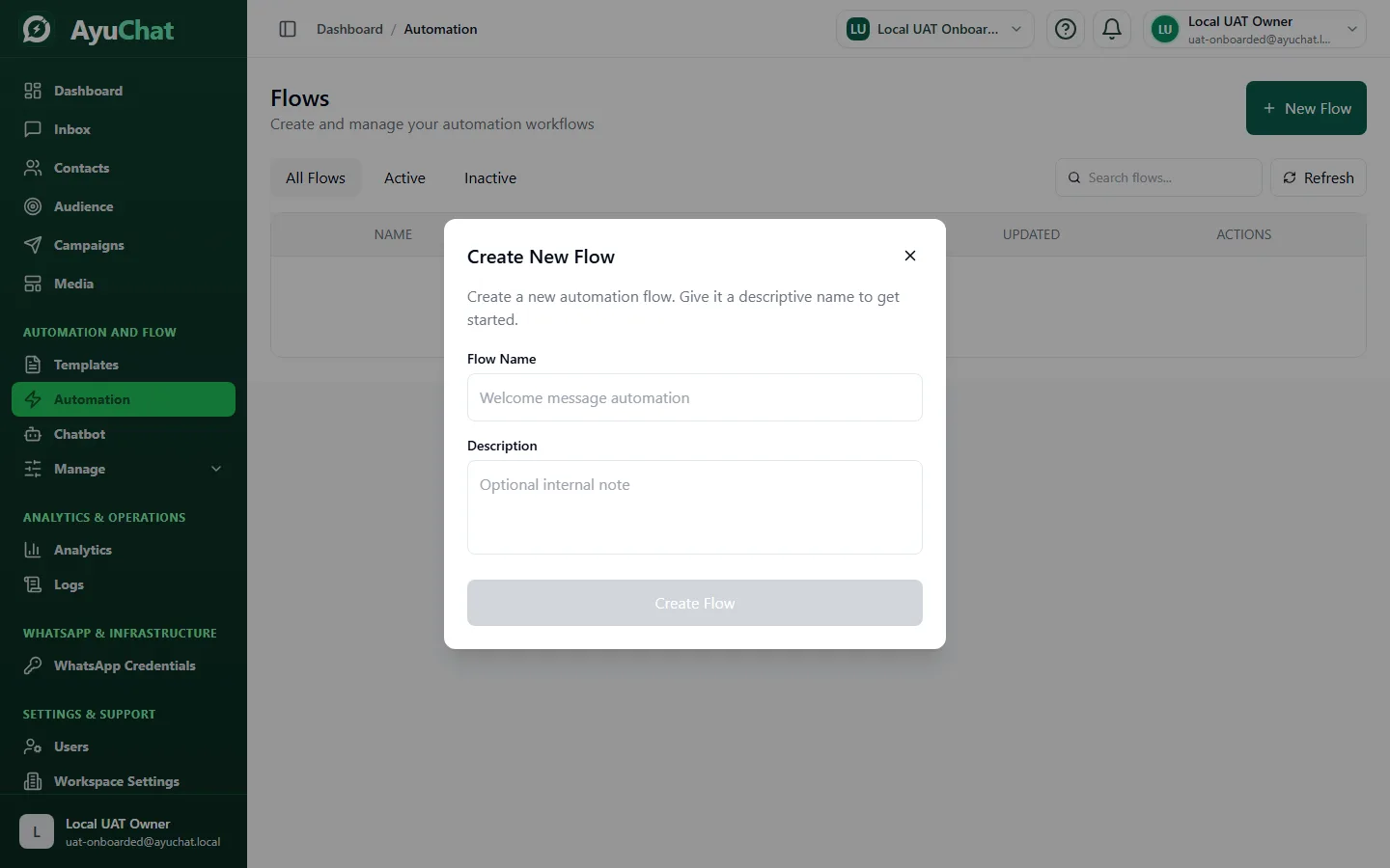 AyuChat automation builder showing a trigger connected to an action on the workflow canvas.