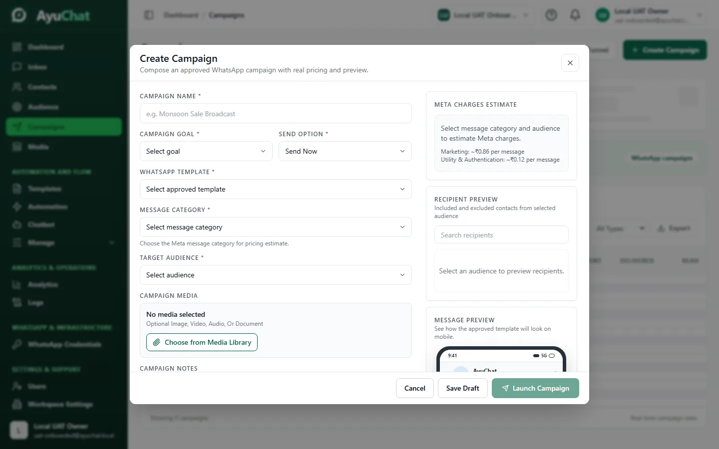 AyuChat create campaign flow opened for choosing an audience, template, and schedule.