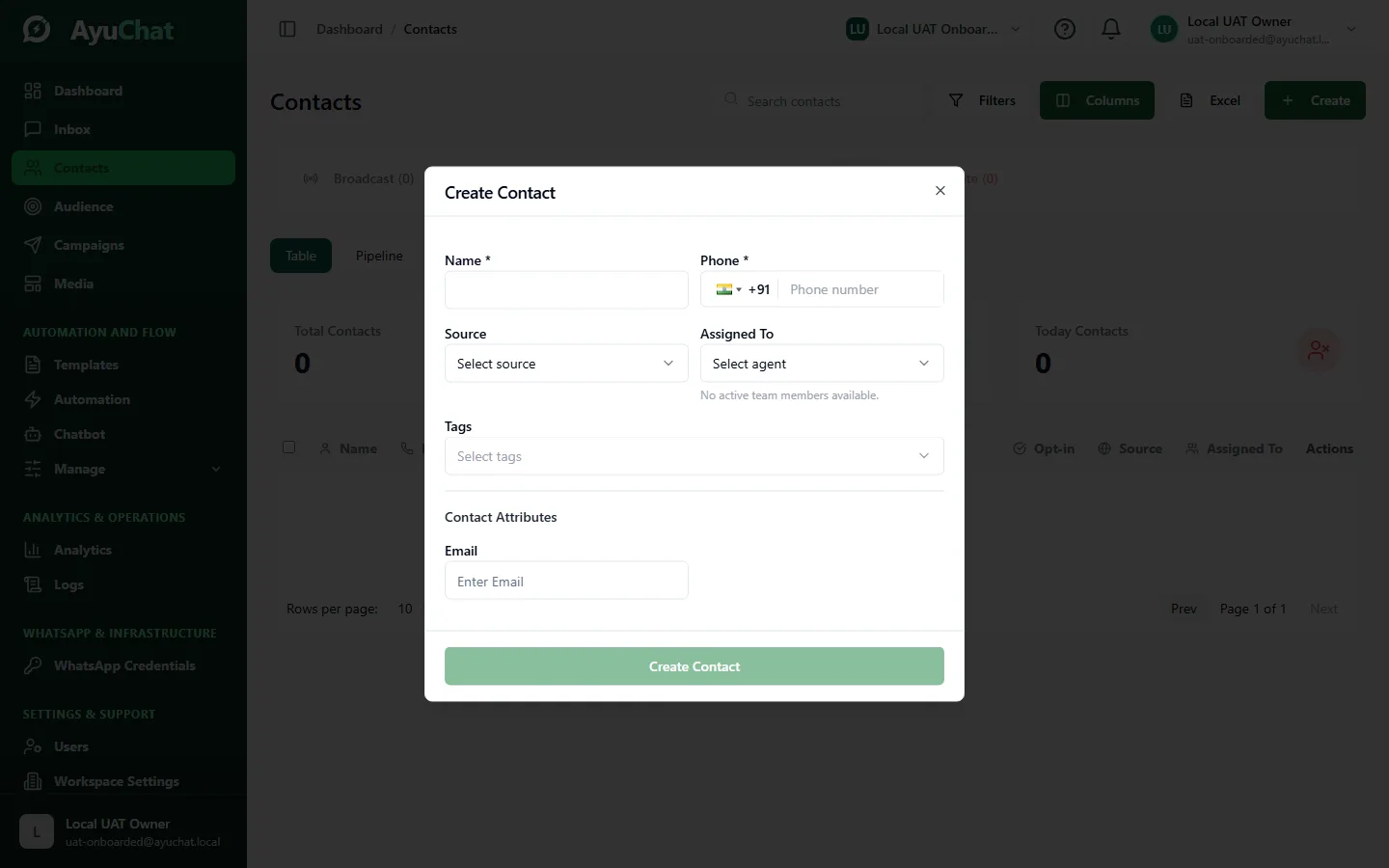 AyuChat add contact form opened with empty fields for creating a synthetic contact.