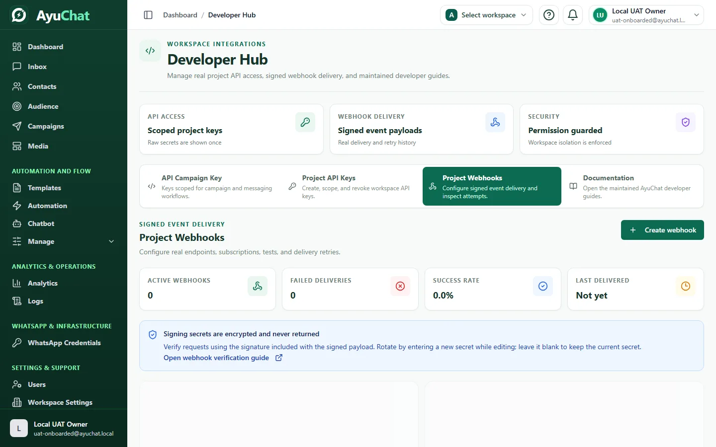AyuChat Developer Hub webhook configuration area with endpoint and event controls visible but no secret exposed.