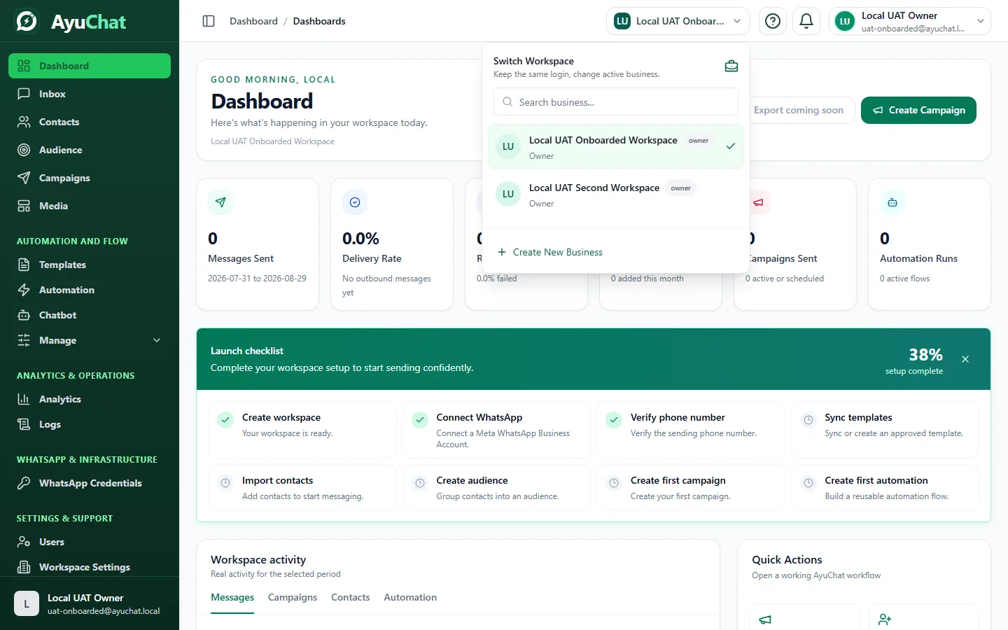 AyuChat workspace selector opened with a synthetic workspace selected.