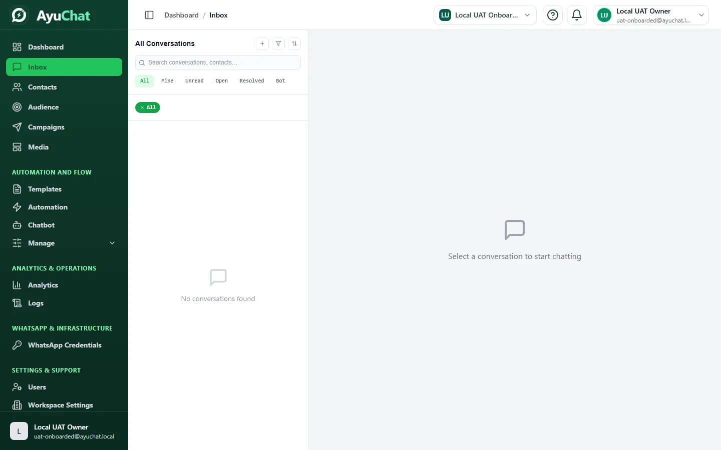 AyuChat team inbox with synthetic conversation list, message panel, and assignment controls.