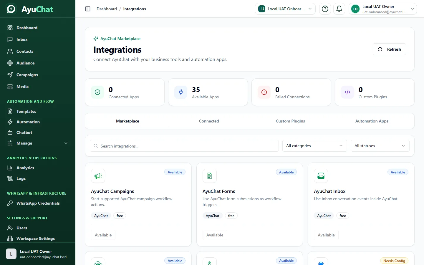AyuChat integrations page showing available app connectors and configuration entry points.