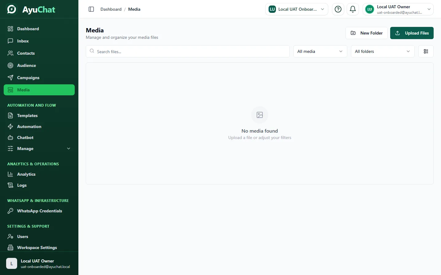 AyuChat media library with synthetic files, upload controls, and folder filters.
