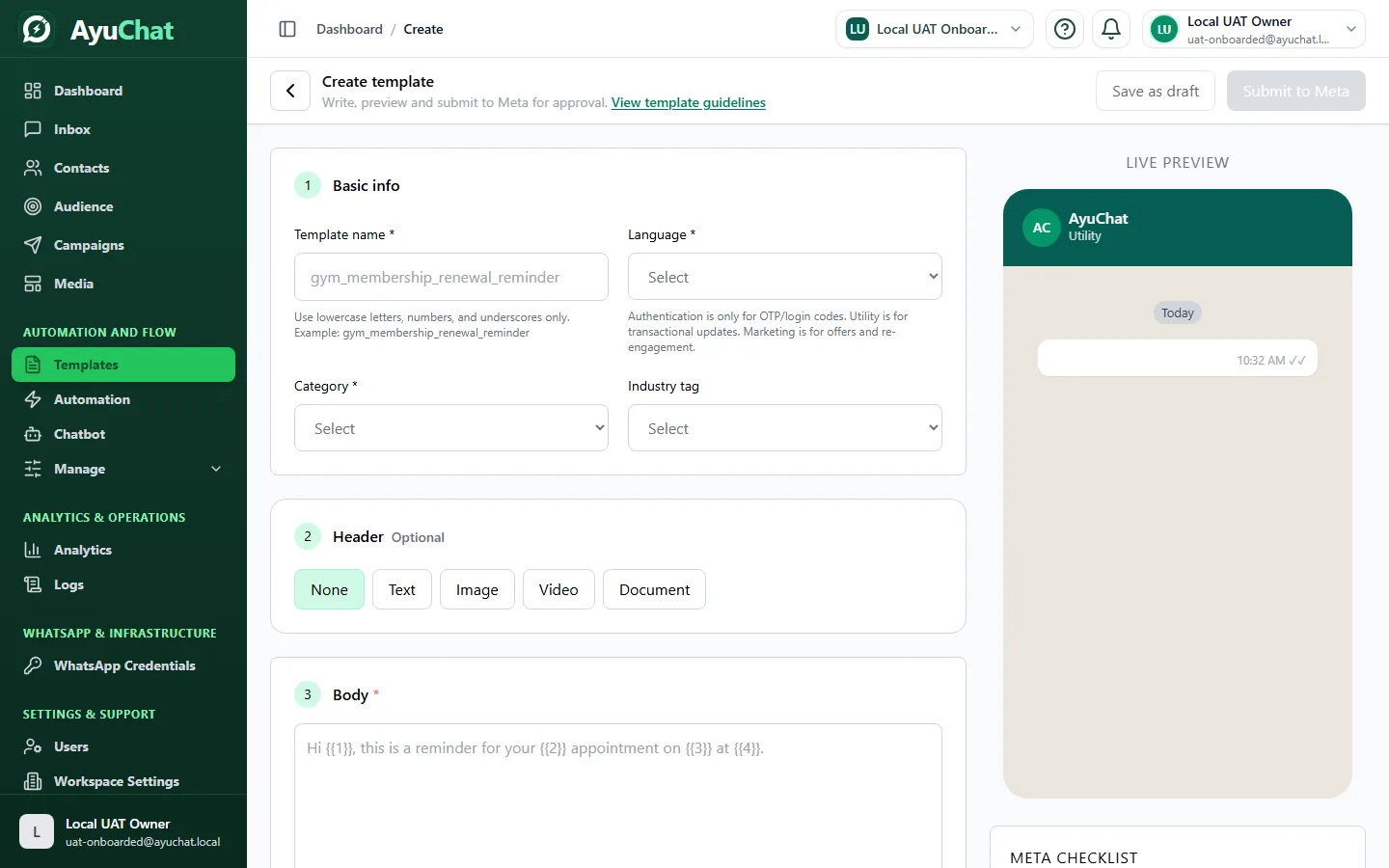 AyuChat create template form showing fields for template name, category, language, and content.