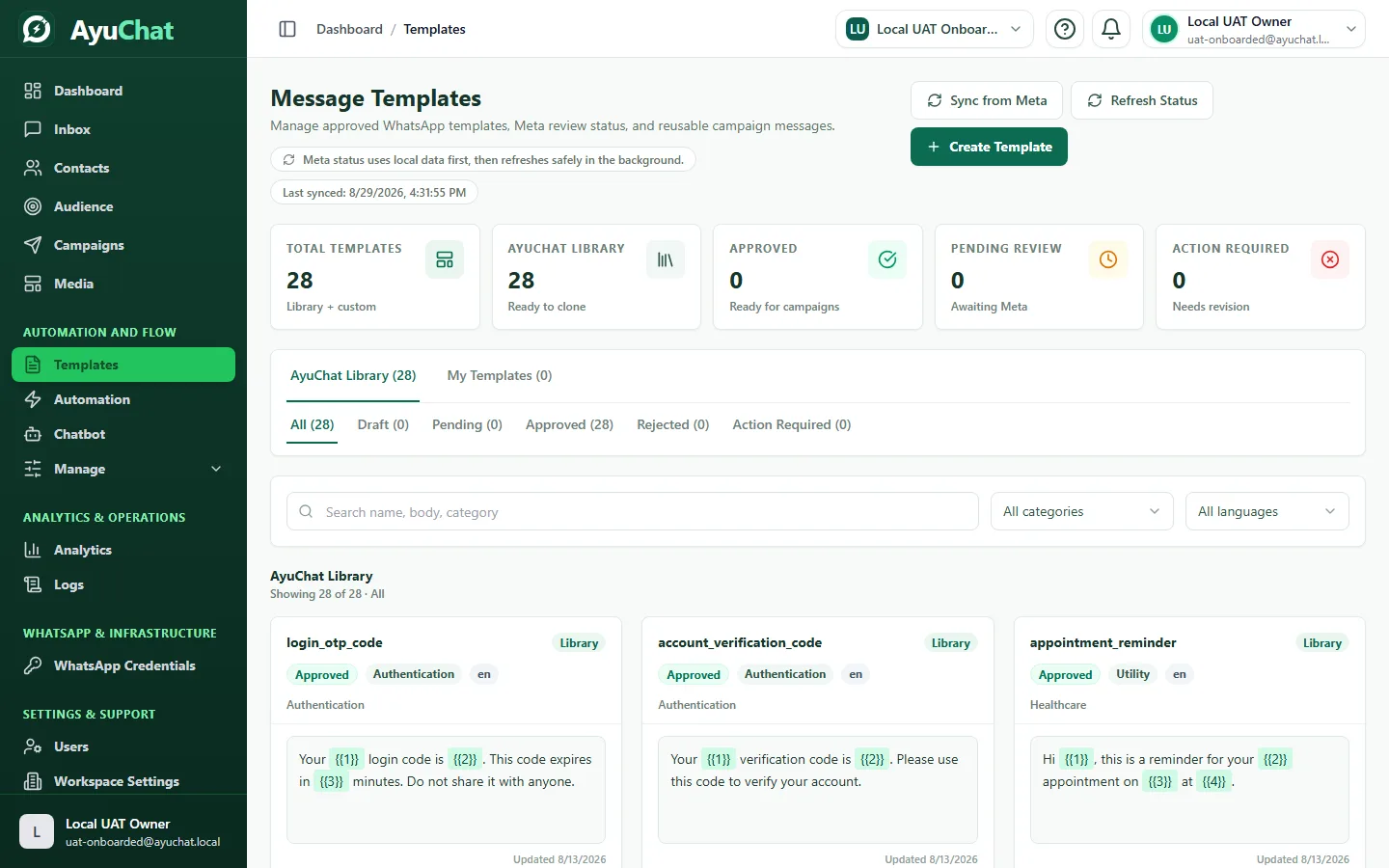 AyuChat templates page showing template status, filters, and Meta sync actions.