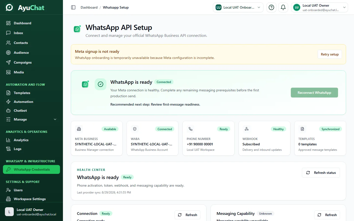 AyuChat WhatsApp credentials screen showing synthetic connection health and setup controls.